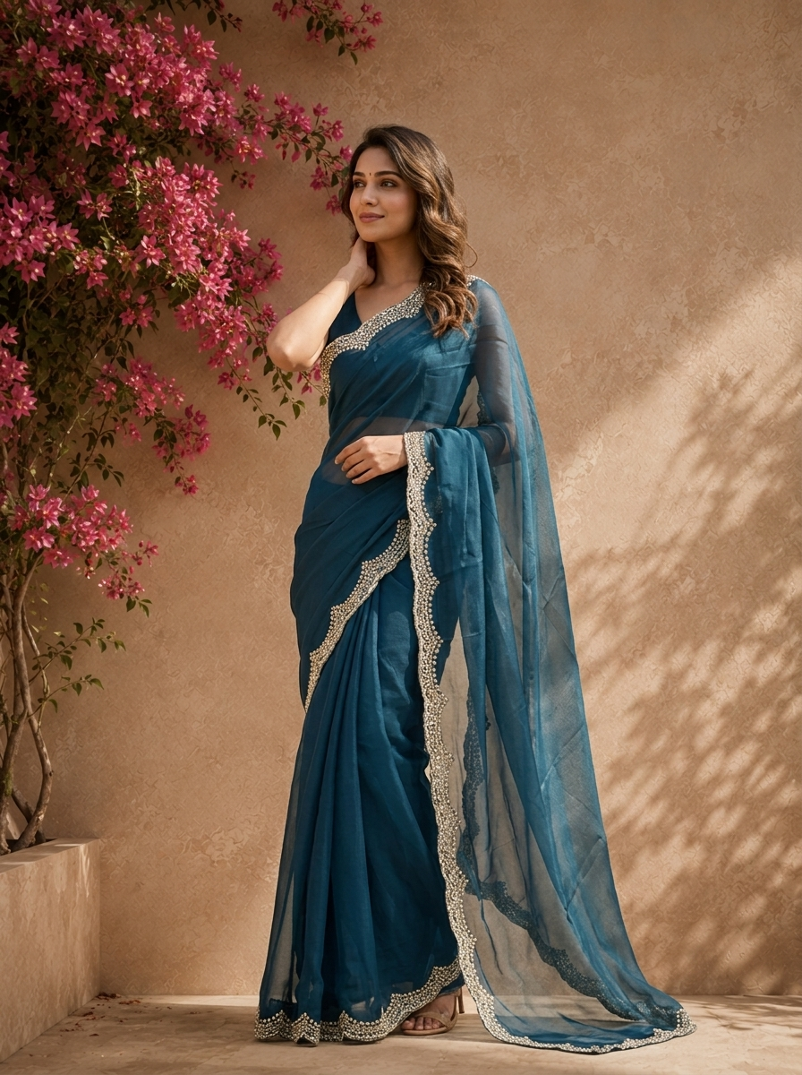 Peacock Organza Solid Saree With Heavy Scallop Stone And Bead Border