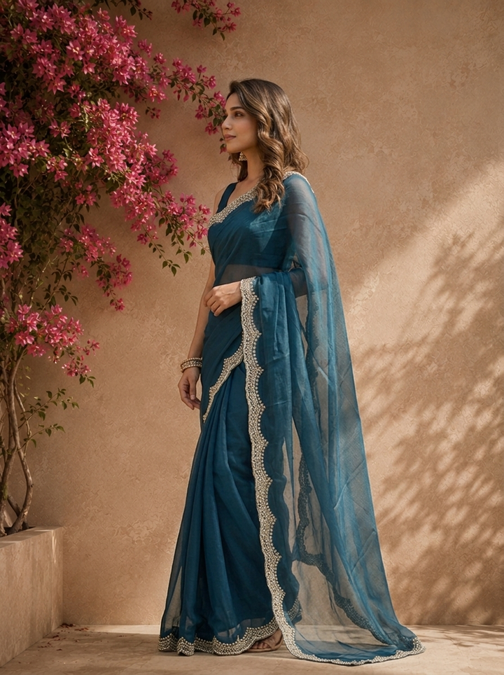 Peacock Organza Solid Saree With Heavy Scallop Stone And Bead Border