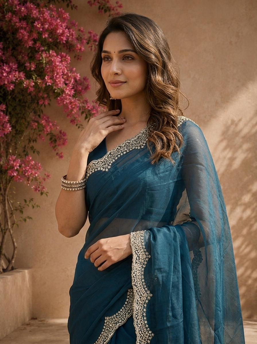 Peacock Organza Solid Saree With Heavy Scallop Stone And Bead Border