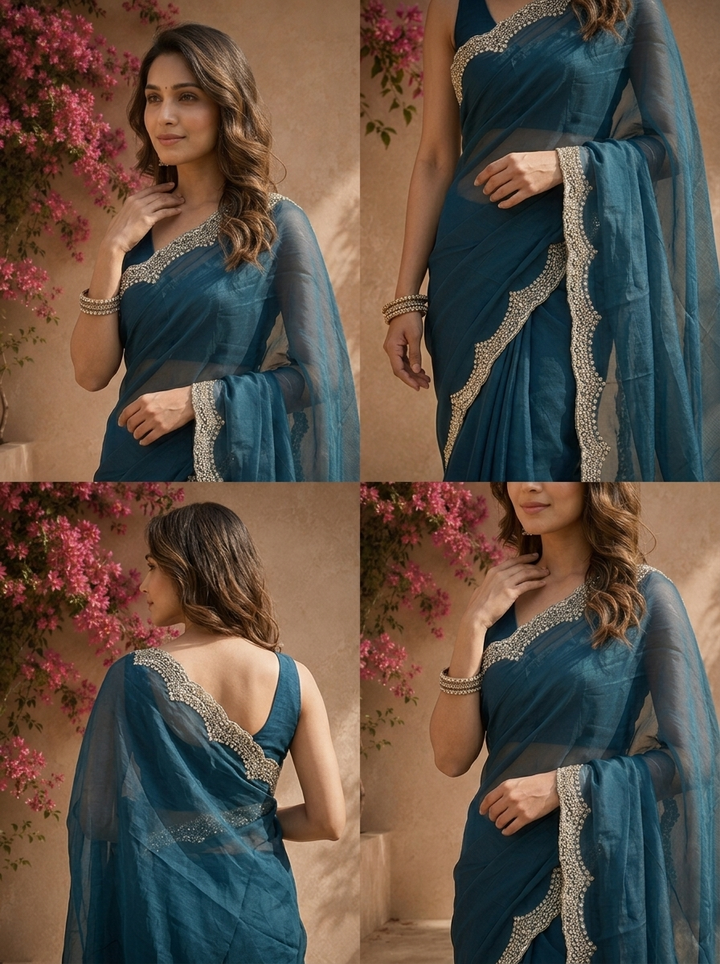 Peacock Organza Solid Saree With Heavy Scallop Stone And Bead Border