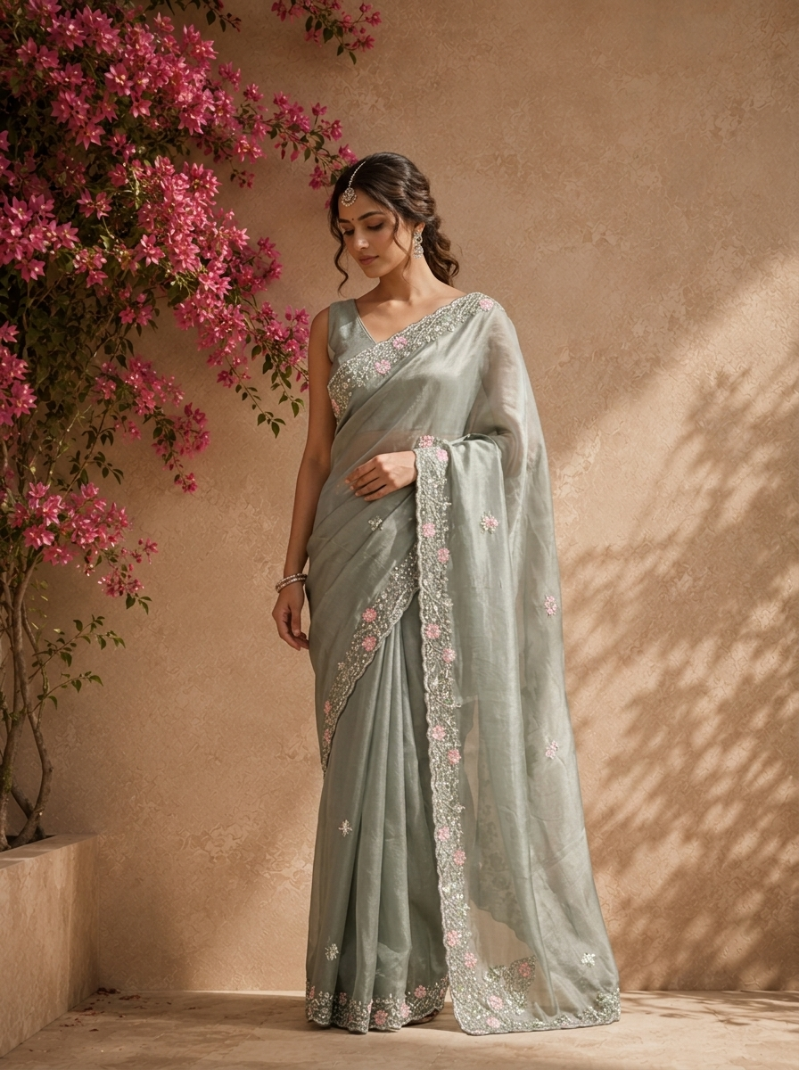 Olive Organza Saree With Scallop Floral Embroidered Border
