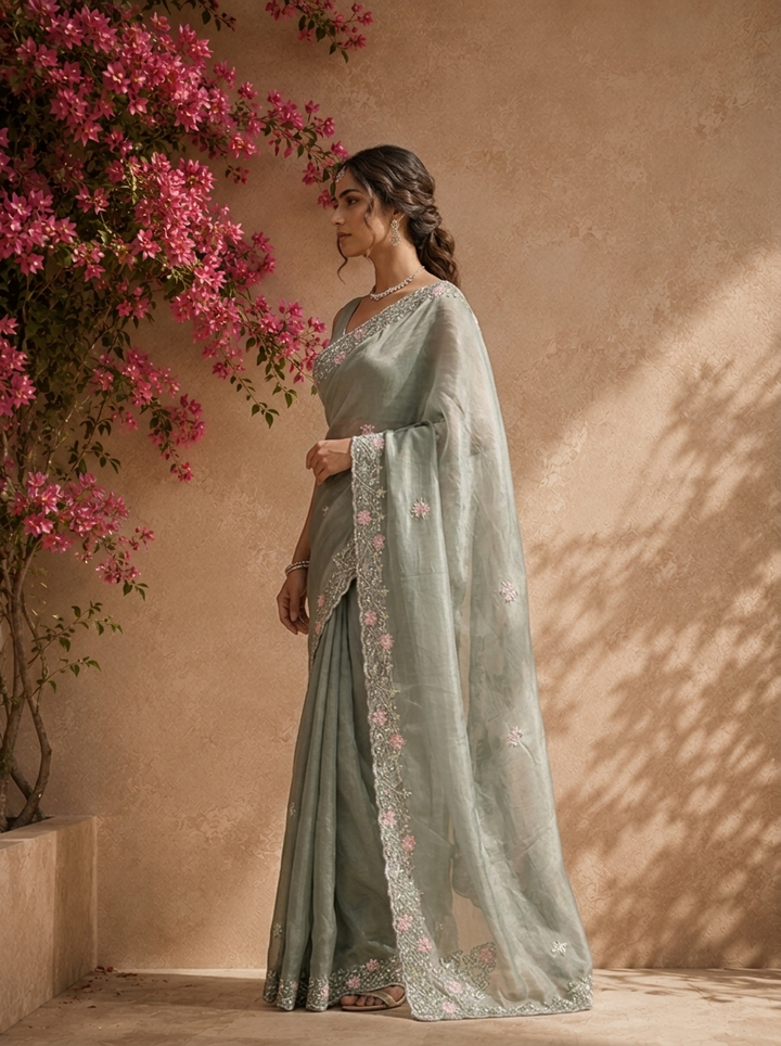 Olive Organza Saree With Scallop Floral Embroidered Border