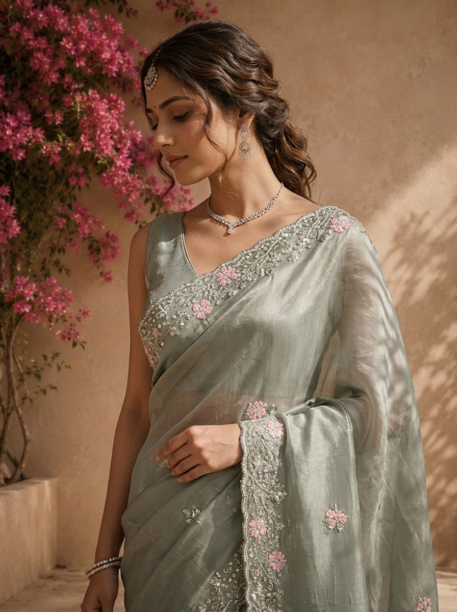 Olive Organza Saree With Scallop Floral Embroidered Border