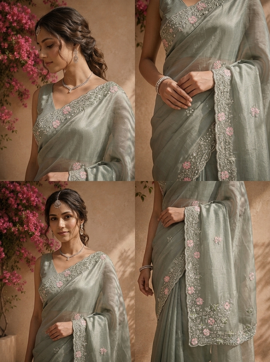 Olive Organza Saree With Scallop Floral Embroidered Border