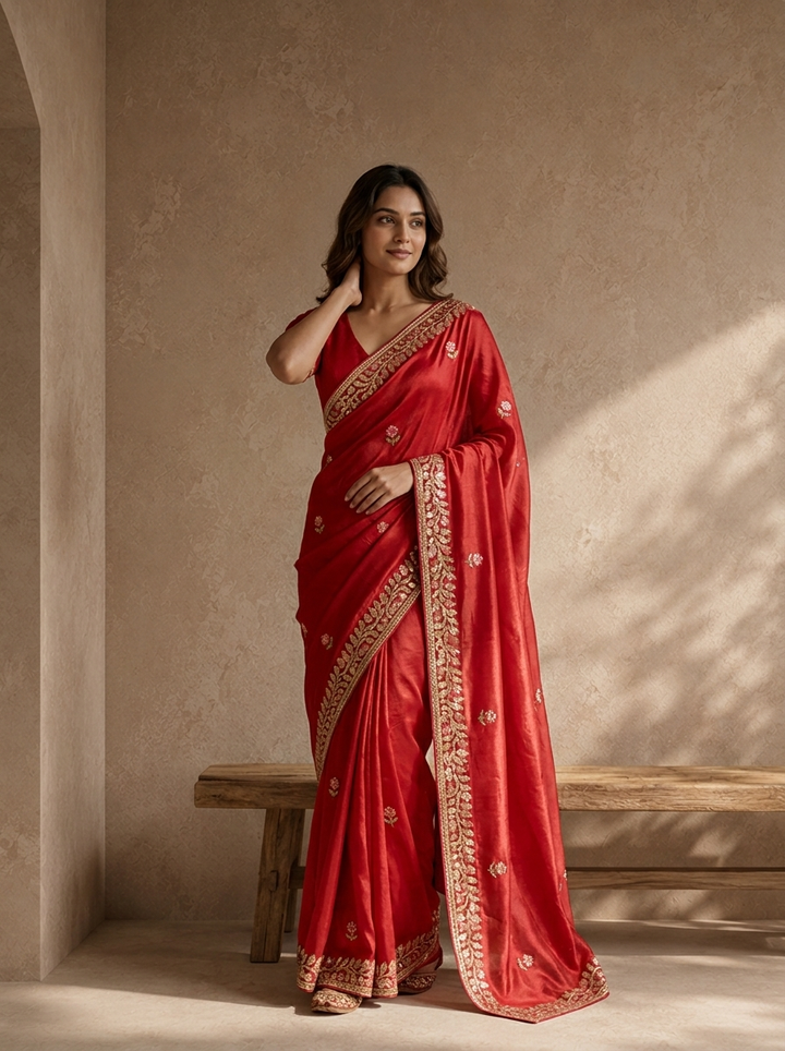 Rani Pink Organza Saree With Floral Scallop Embroidery Border