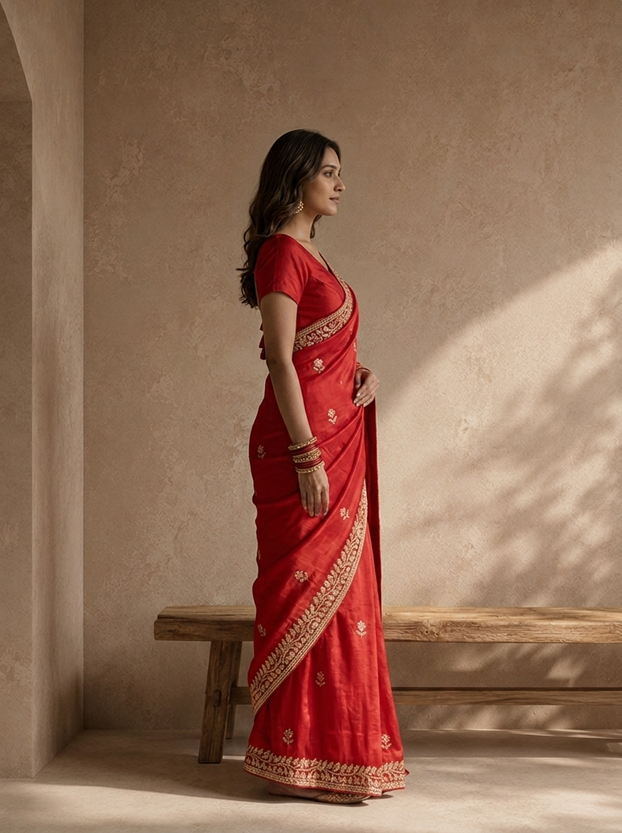 Rani Pink Organza Saree With Floral Scallop Embroidery Border