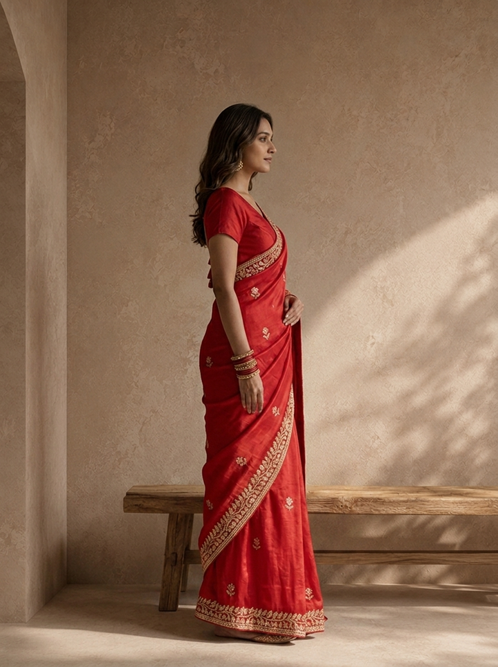 Rani Pink Organza Saree With Floral Scallop Embroidery Border