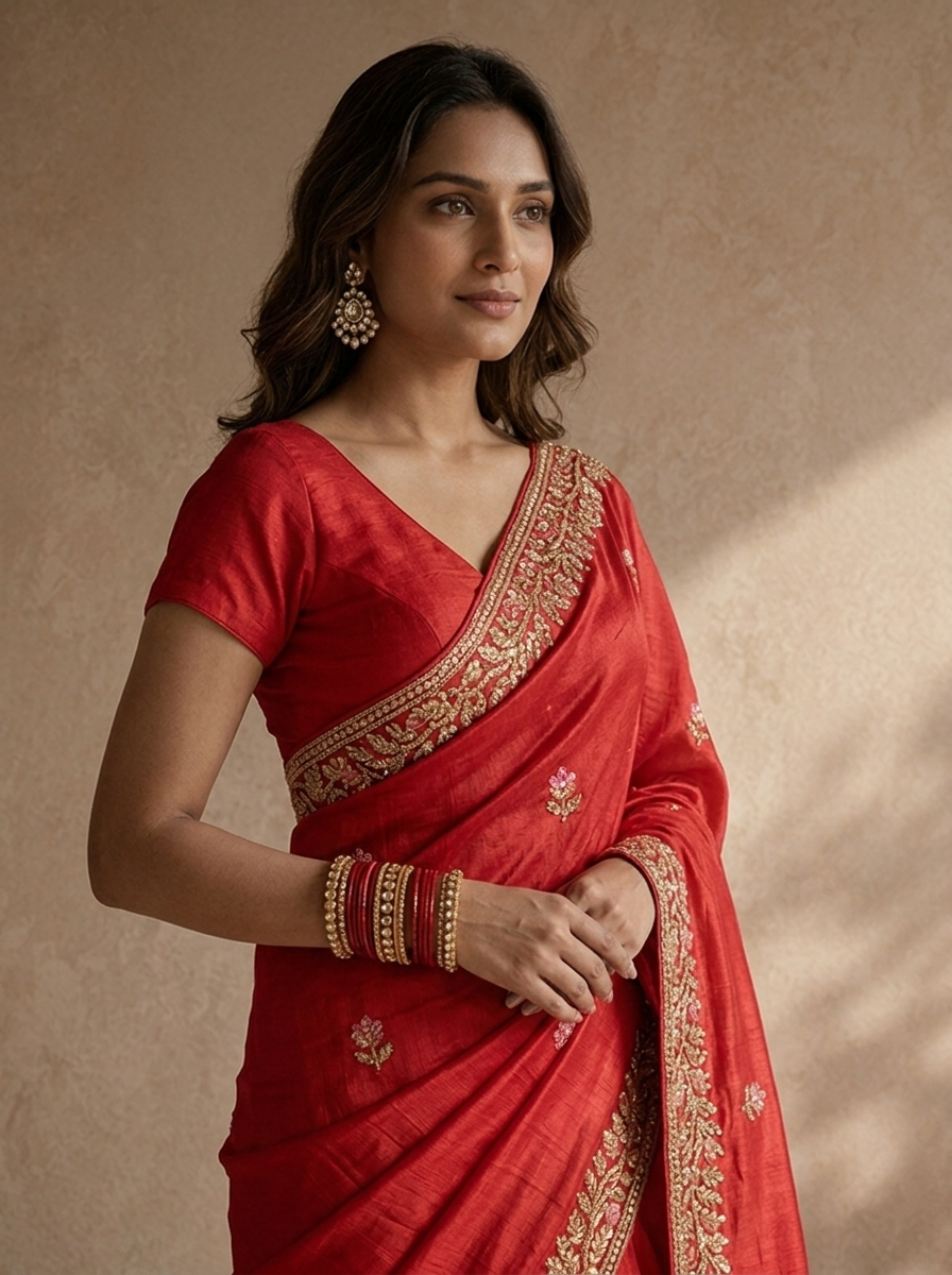 Rani Pink Organza Saree With Floral Scallop Embroidery Border