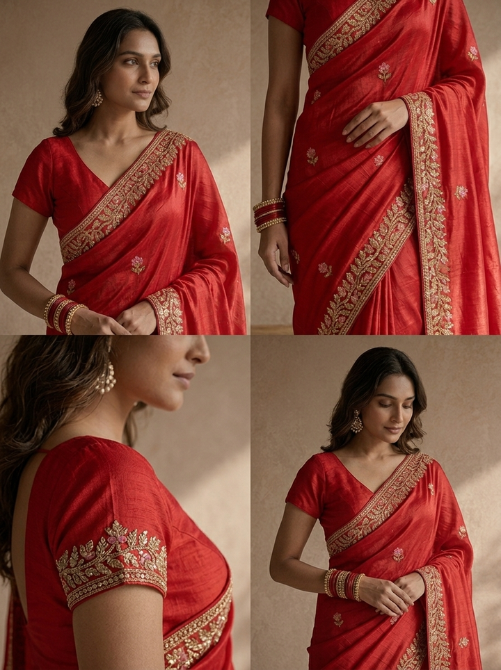 Rani Pink Organza Saree With Floral Scallop Embroidery Border