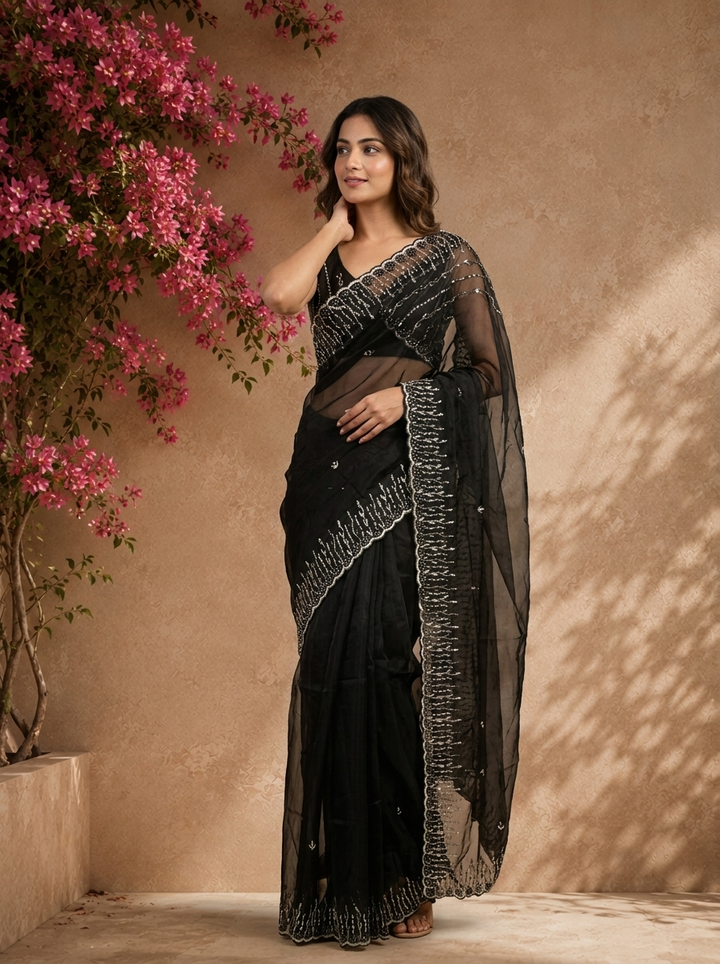 Black Organza Saree With Silver Cutwork Scallop Border