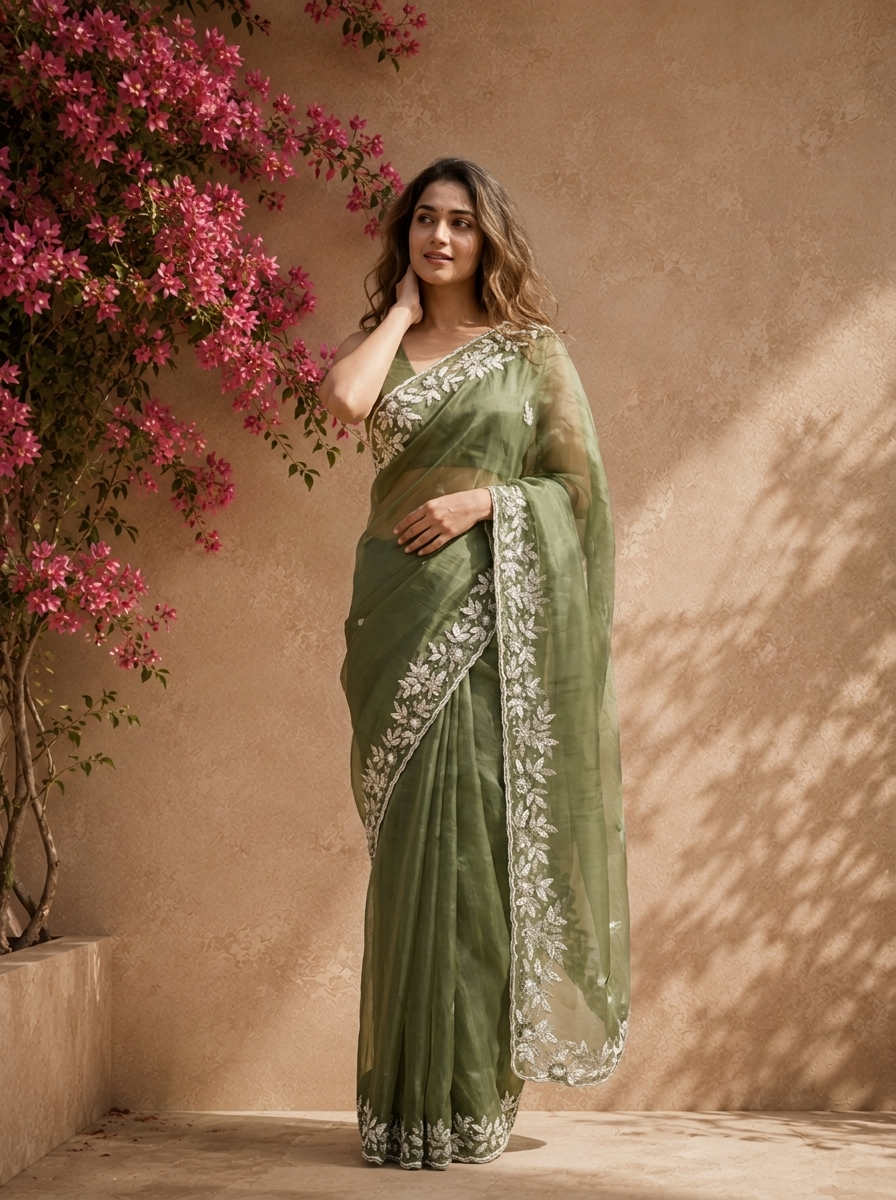 Mehadi Green Organza Saree With Silver Floral Leaf Embroidered Border