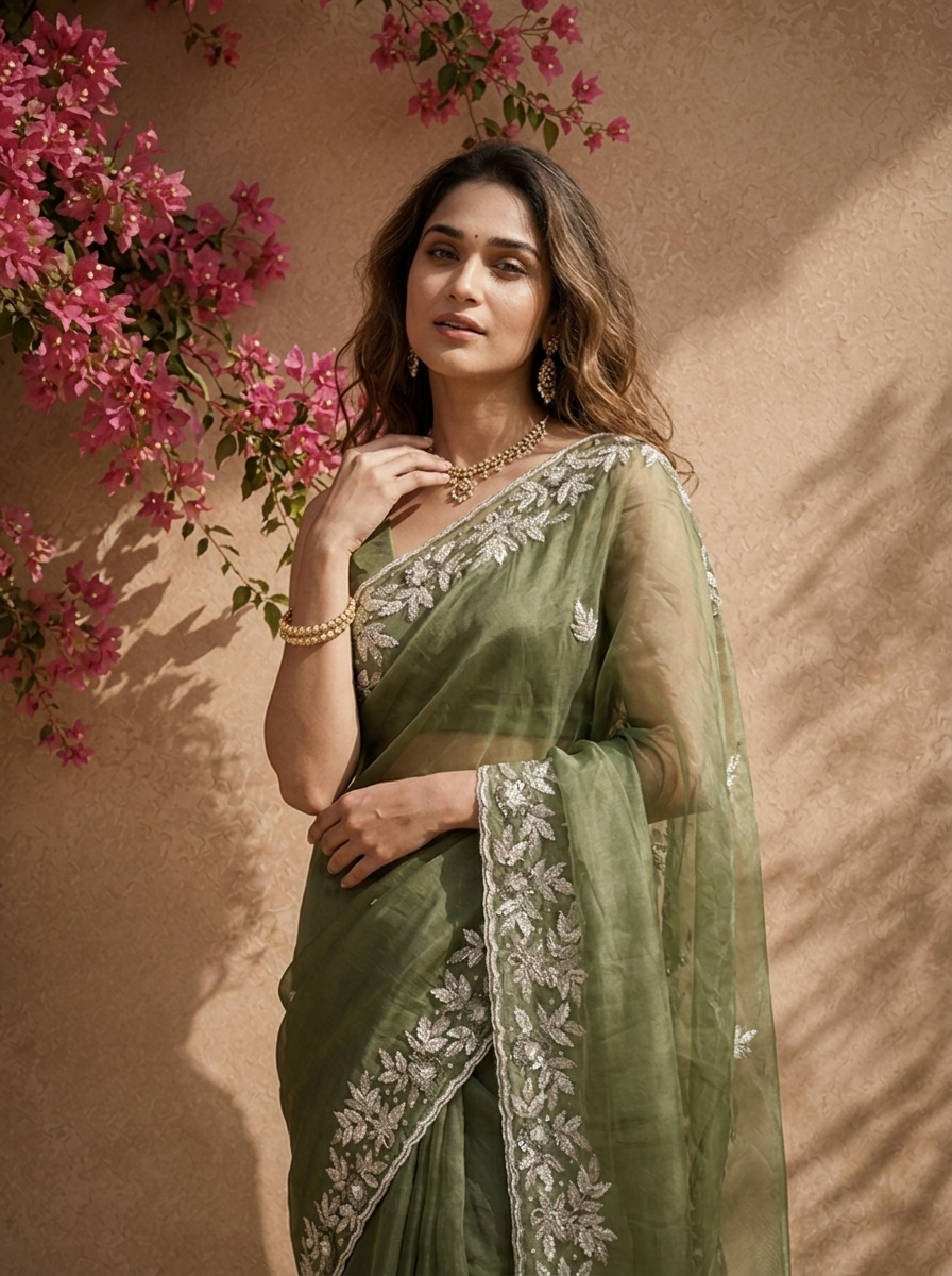 Mehadi Green Organza Saree With Silver Floral Leaf Embroidered Border