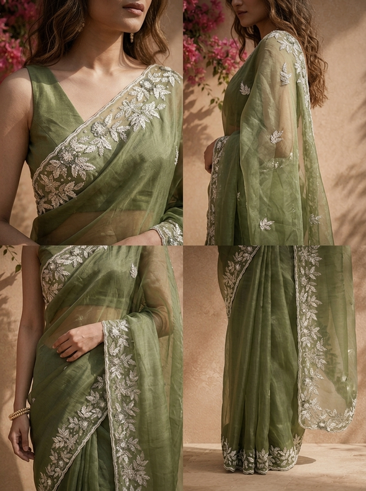 Mehadi Green Organza Saree With Silver Floral Leaf Embroidered Border