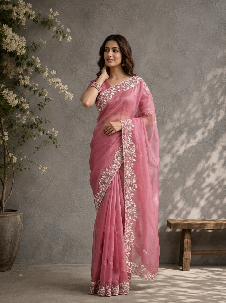 Onion Organza Saree With Silver Floral Leaf Embroidered Border
