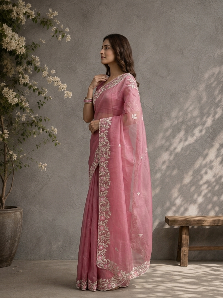 Onion Organza Saree With Silver Floral Leaf Embroidered Border