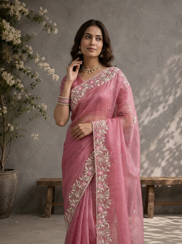 Onion Organza Saree With Silver Floral Leaf Embroidered Border