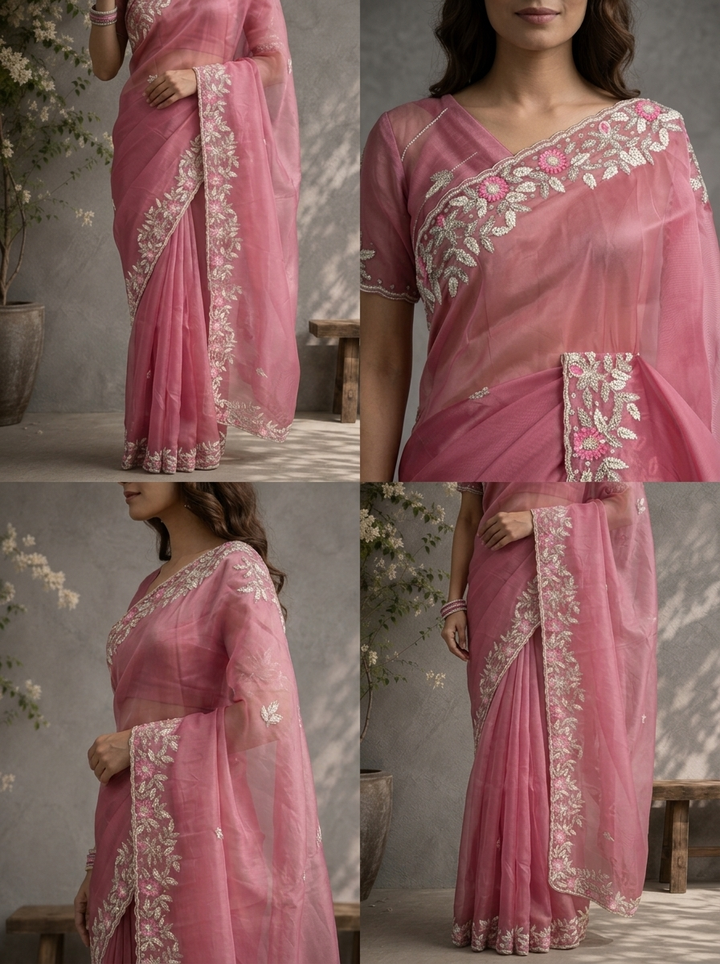 Onion Organza Saree With Silver Floral Leaf Embroidered Border