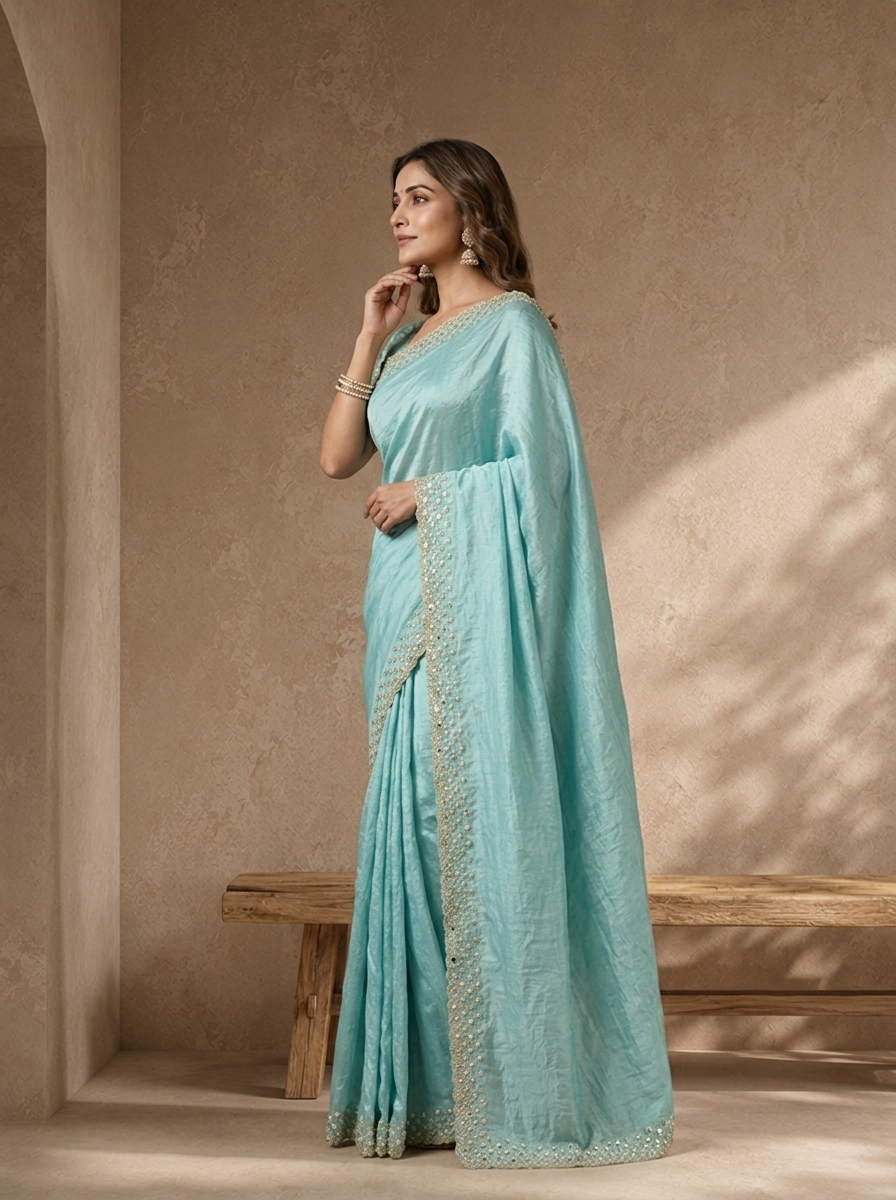 Sky Blue Organza Solid Saree With Mirror And Pearl Border