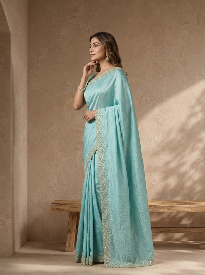 Sky Blue Organza Solid Saree With Mirror And Pearl Border