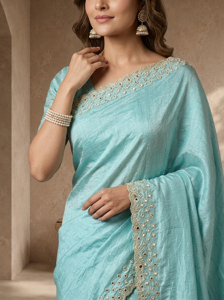 Sky Blue Organza Solid Saree With Mirror And Pearl Border