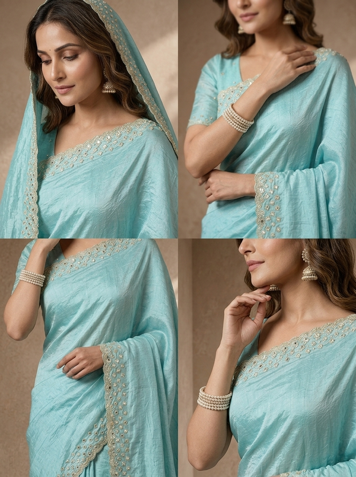 Sky Blue Organza Solid Saree With Mirror And Pearl Border
