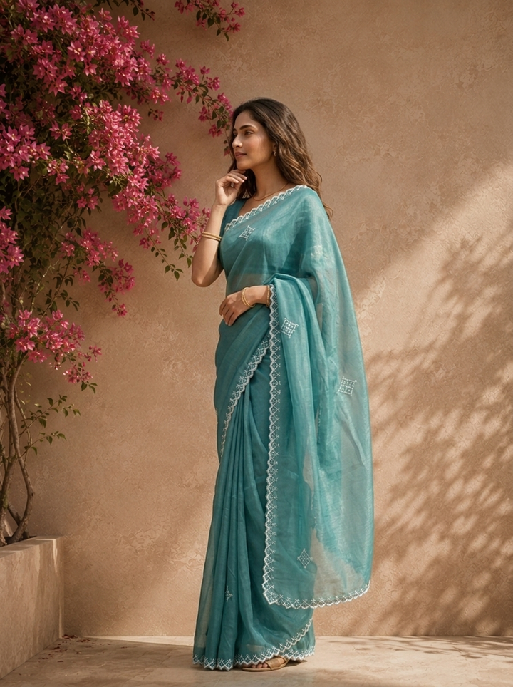Sea Green Organza Geometric Thread Embroidered Saree