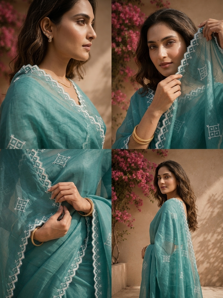 Sea Green Organza Geometric Thread Embroidered Saree