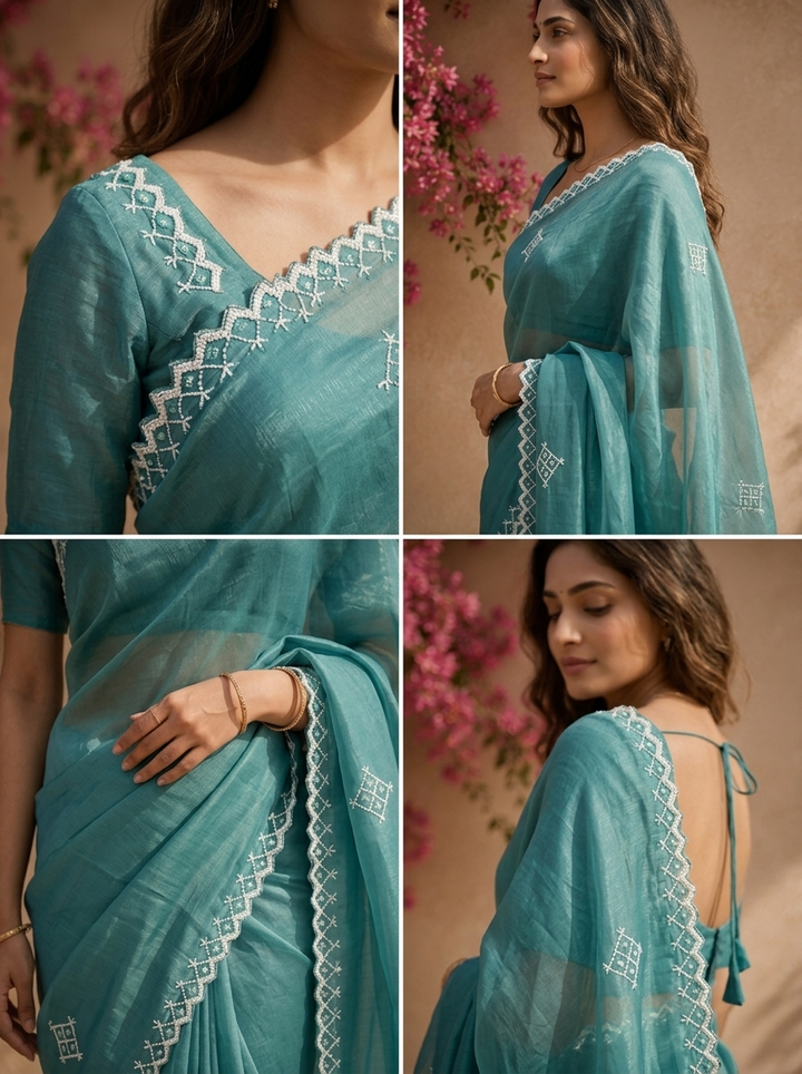 Sea Green Organza Geometric Thread Embroidered Saree