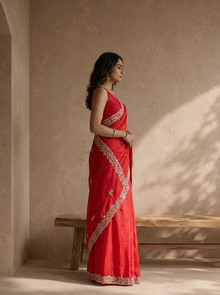 Rani Pink Organza Saree With Floral Scallop Embroidery Border