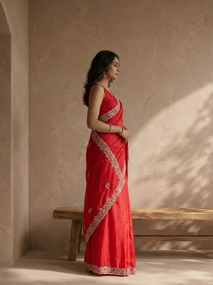 Rani Pink Organza Saree With Floral Scallop Embroidery Border
