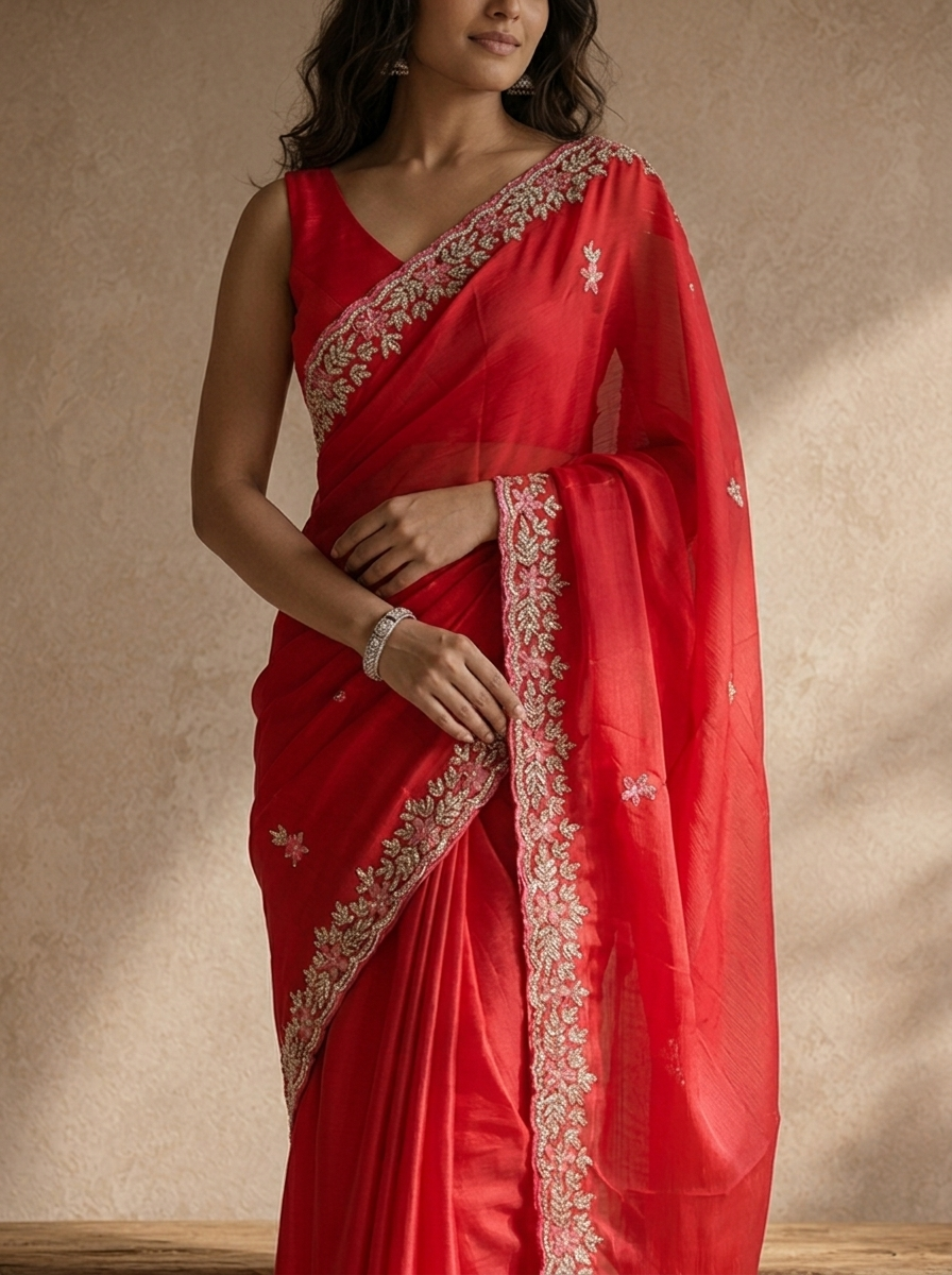 Rani Pink Organza Saree With Floral Scallop Embroidery Border