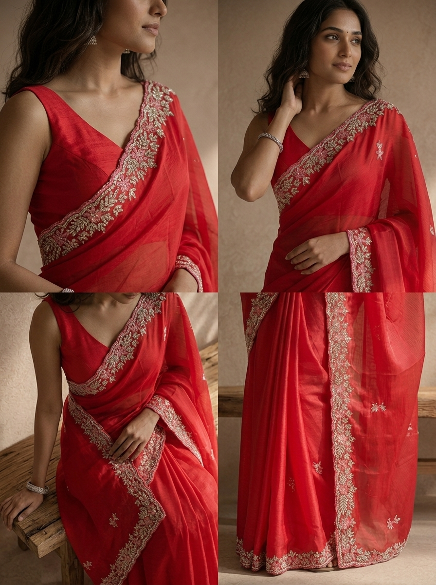 Rani Pink Organza Saree With Floral Scallop Embroidery Border