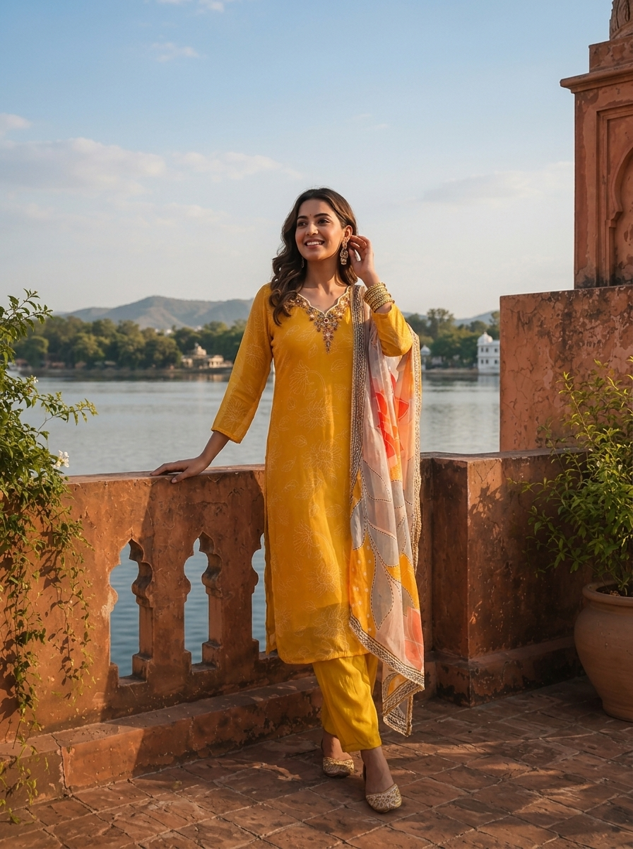 Mustard Organza Abstract Floral Printed Three Piece Set