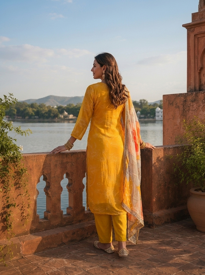 Mustard Organza Abstract Floral Printed Three Piece Set