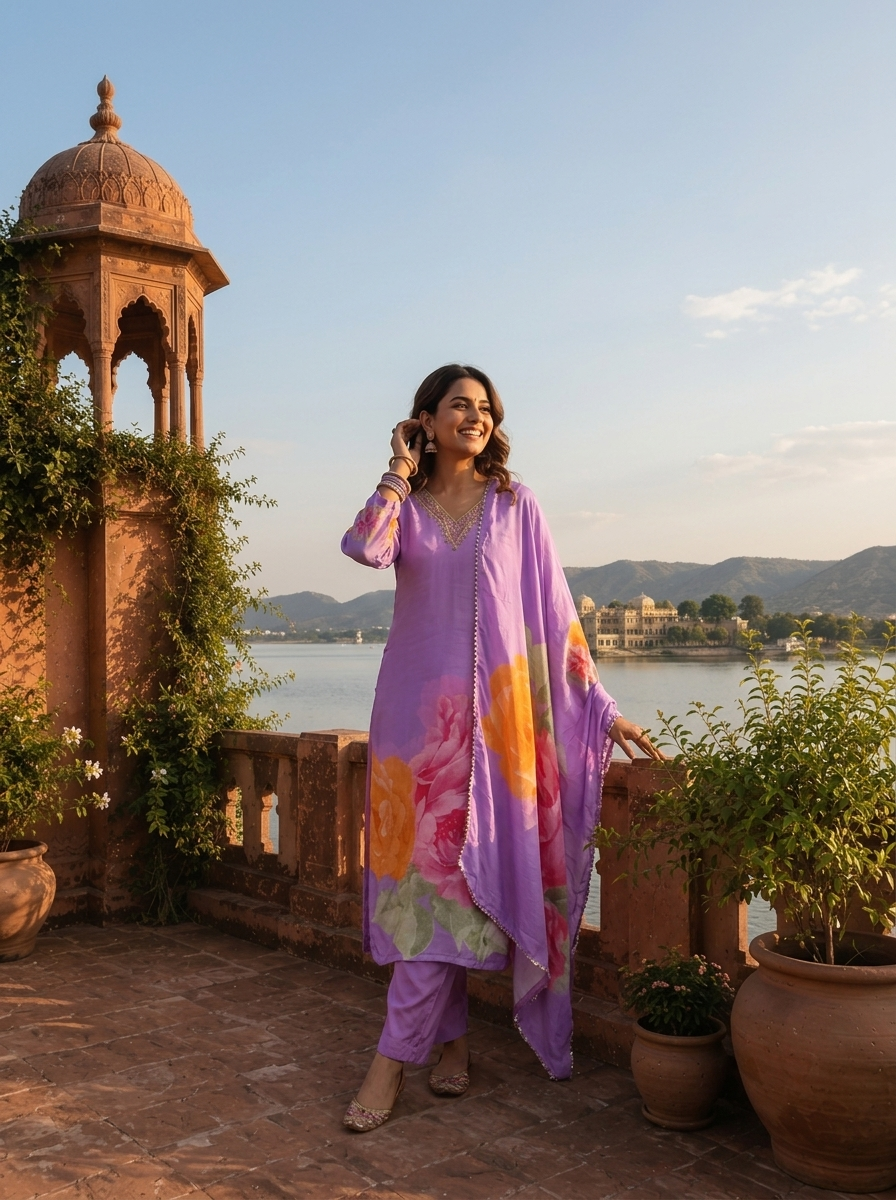 Lilac Muslin Floral Digital Printed Three Piece Set