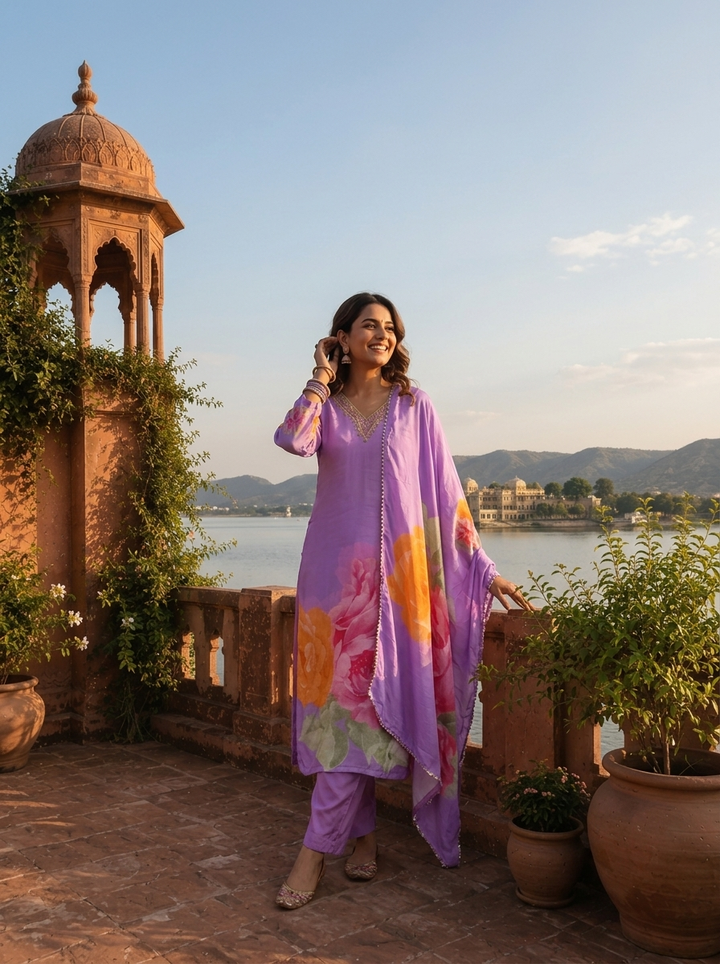 Lilac Muslin Floral Digital Printed Three Piece Set