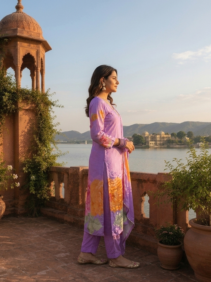 Lilac Muslin Floral Digital Printed Three Piece Set