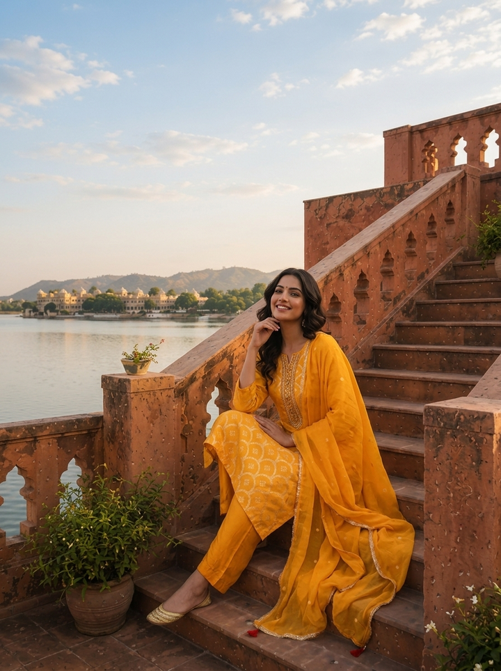 Mustard Silk Zari Weaved Three Piece Set