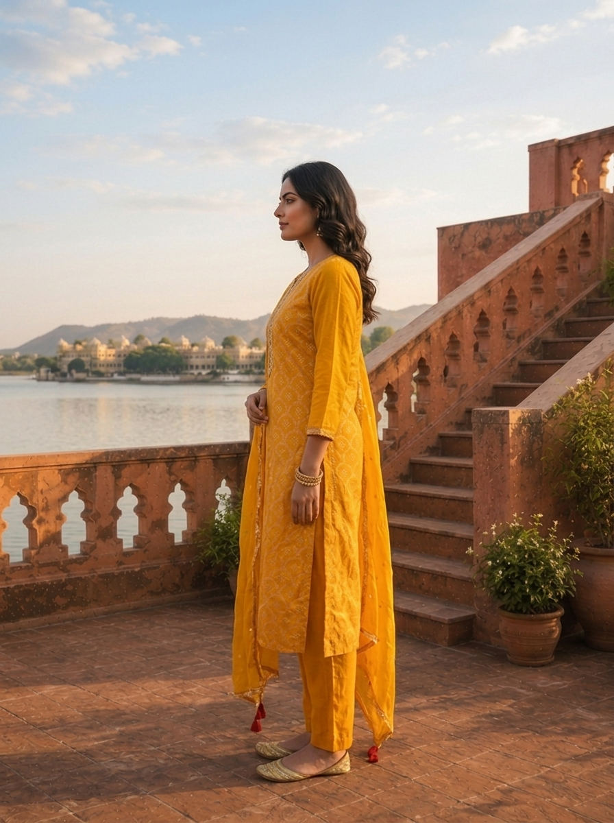 Mustard Silk Zari Weaved Three Piece Set