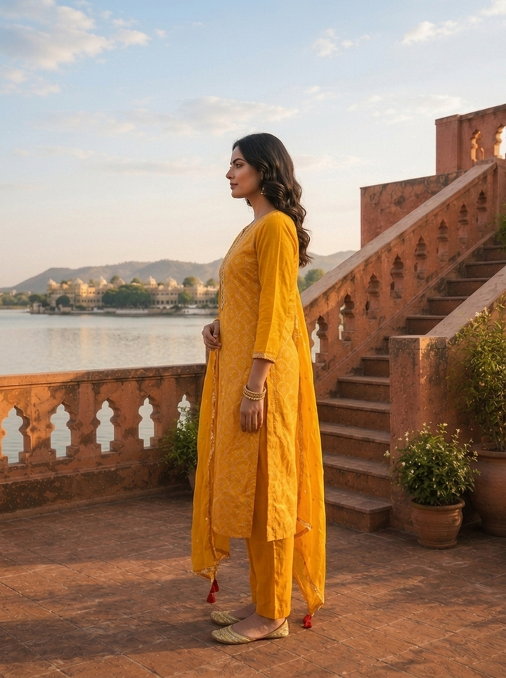 Mustard Silk Zari Weaved Three Piece Set