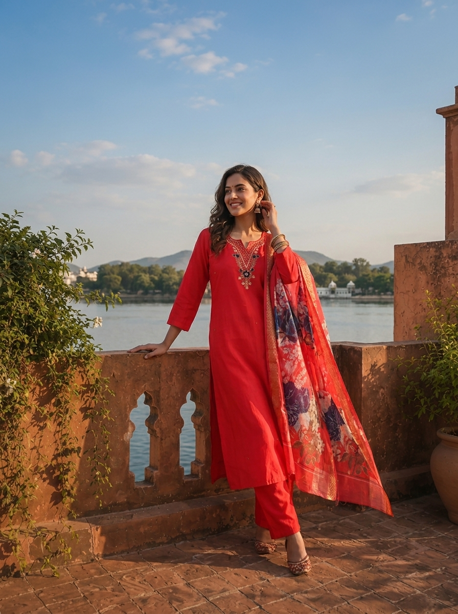 Red Rayon Scattered Golden Sequin Butti Embroidered Three Piece Set