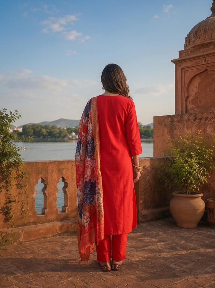 Red Rayon Scattered Golden Sequin Butti Embroidered Three Piece Set