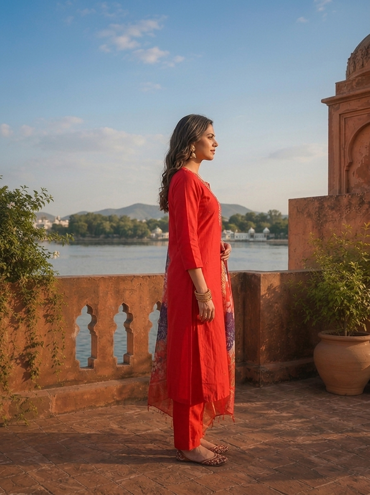 Red Rayon Scattered Golden Sequin Butti Embroidered Three Piece Set