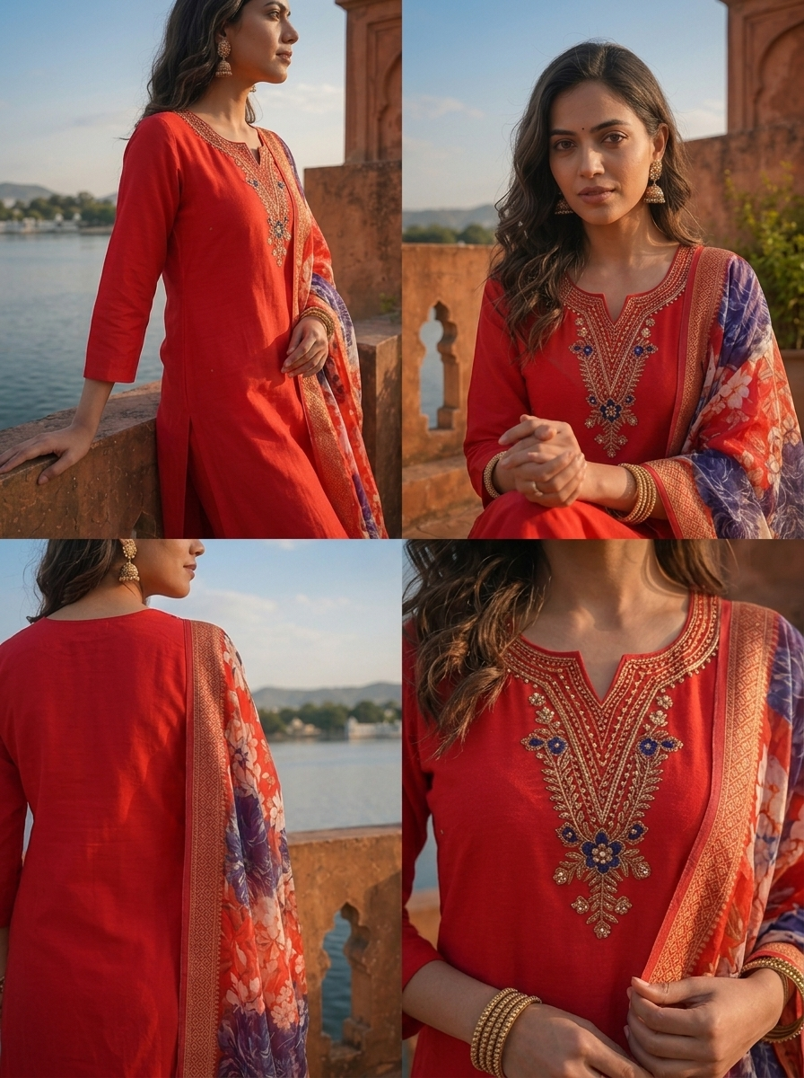 Red Rayon Scattered Golden Sequin Butti Embroidered Three Piece Set