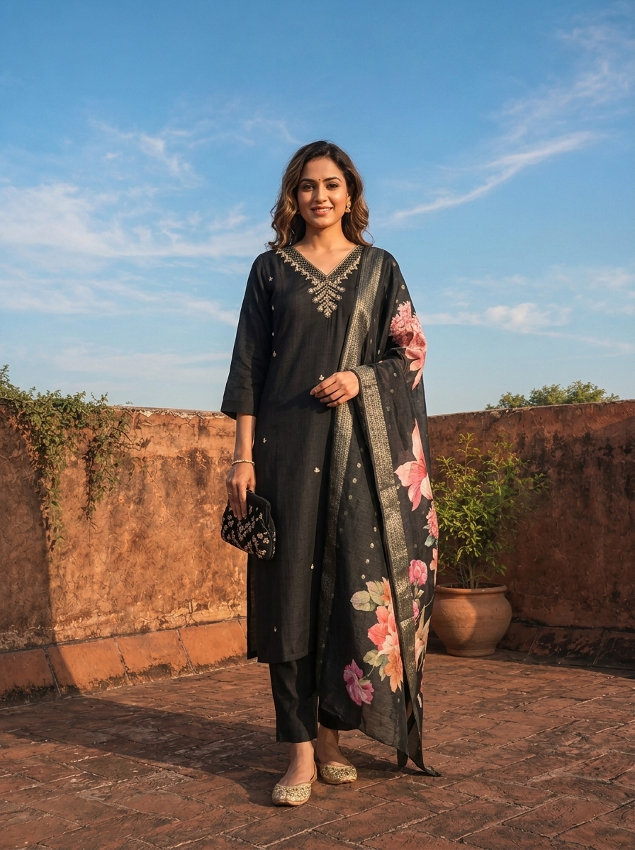 Black Rayon Tiny Golden Butti Embroidered Three Piece Set