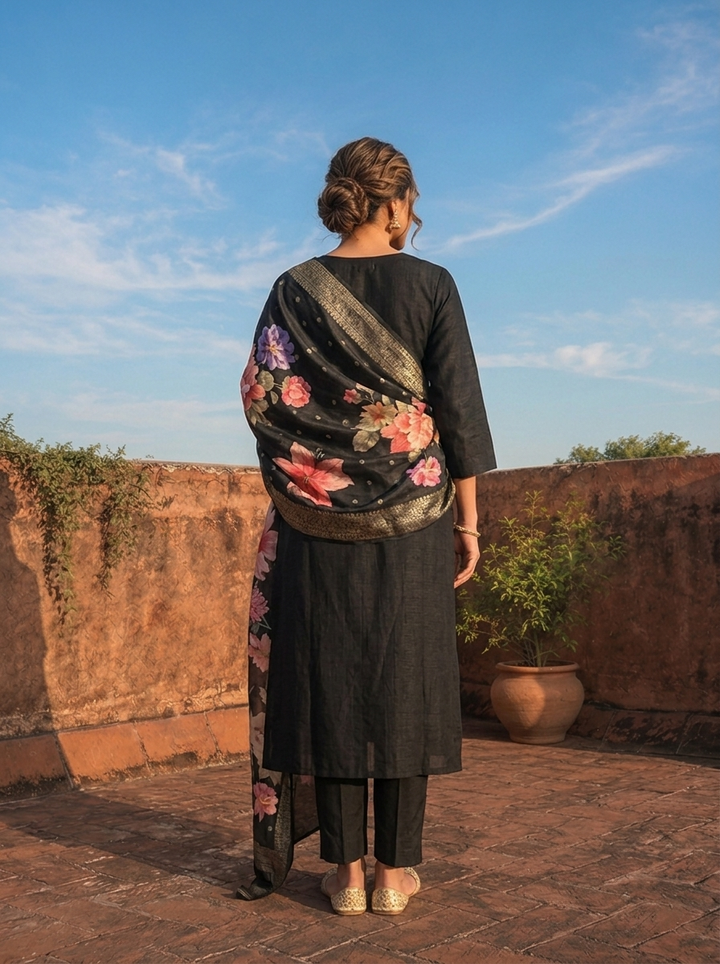 Black Rayon Tiny Golden Butti Embroidered Three Piece Set