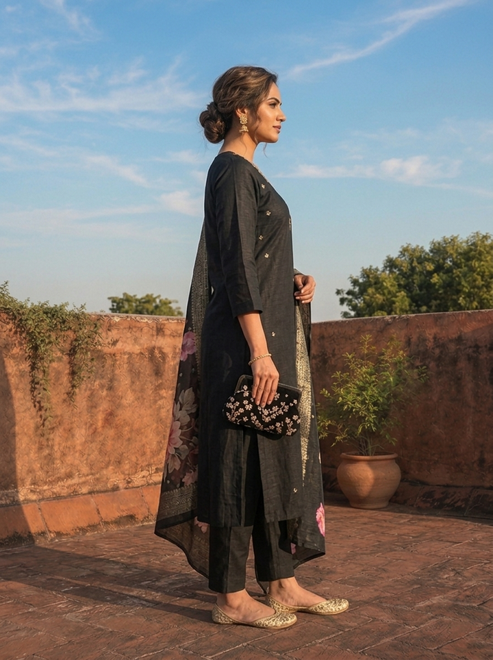 Black Rayon Tiny Golden Butti Embroidered Three Piece Set