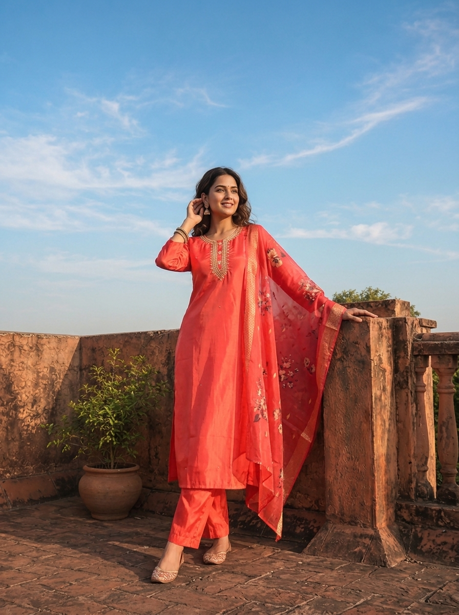 Tomato Tissue Stone Embroidered Three Piece Set