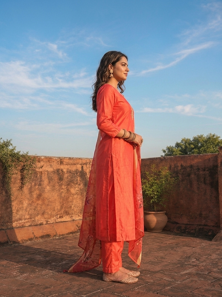 Tomato Tissue Stone Embroidered Three Piece Set