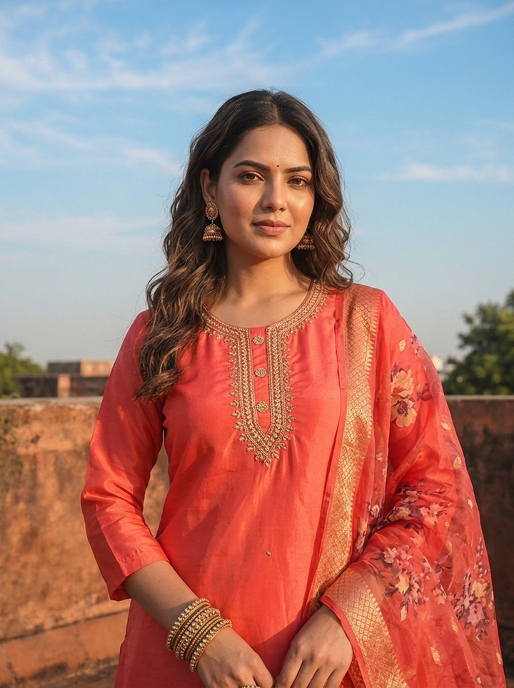 Tomato Tissue Stone Embroidered Three Piece Set